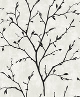 Black tree branch silhouette peel and stick wallpaper on an off-white textured background