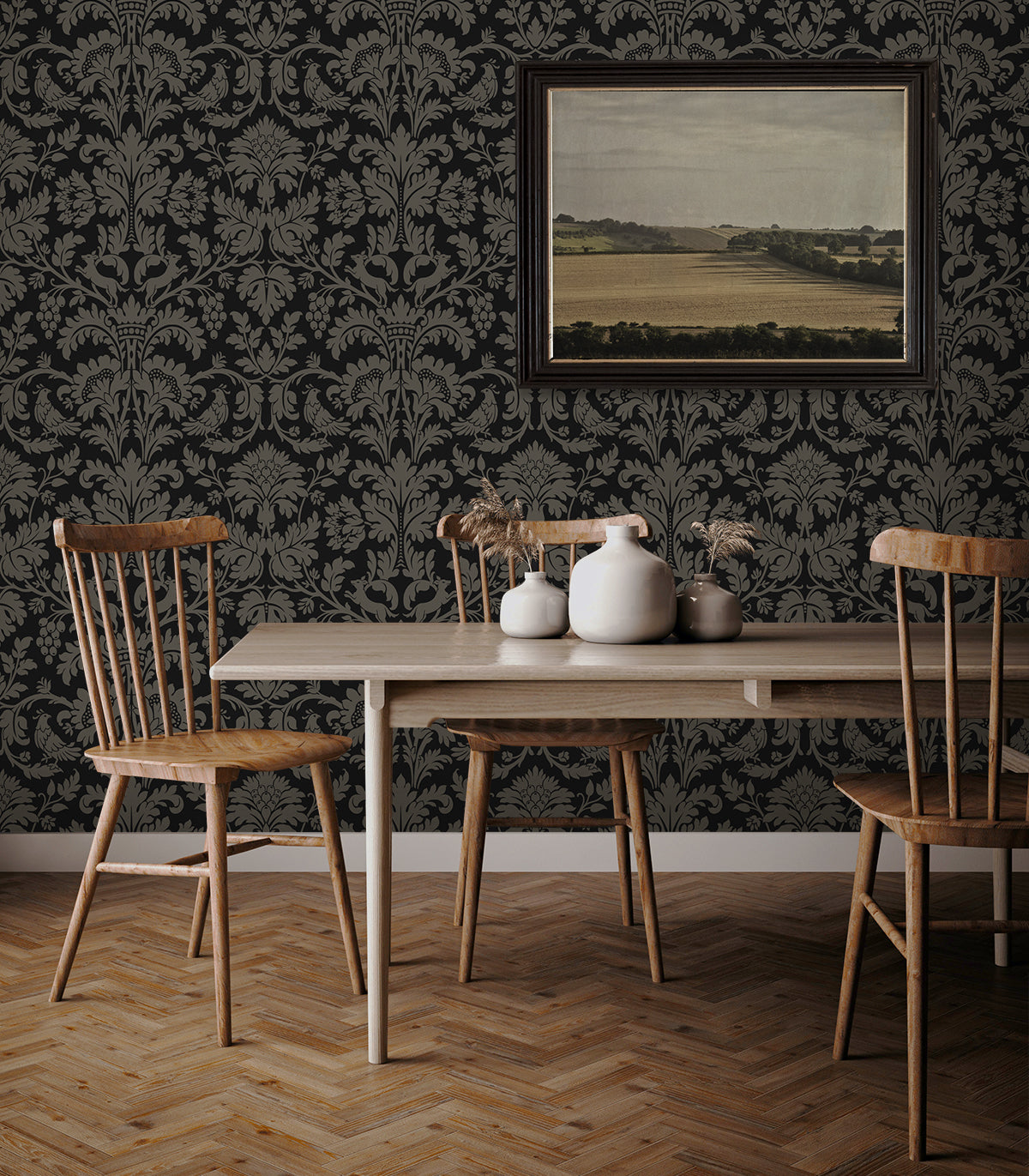 Ansel Damask Ebony & Pavestone by NextWall Peel & Stick Vintage Damask Peel & Stick Wallpaper – NextWall NW57710