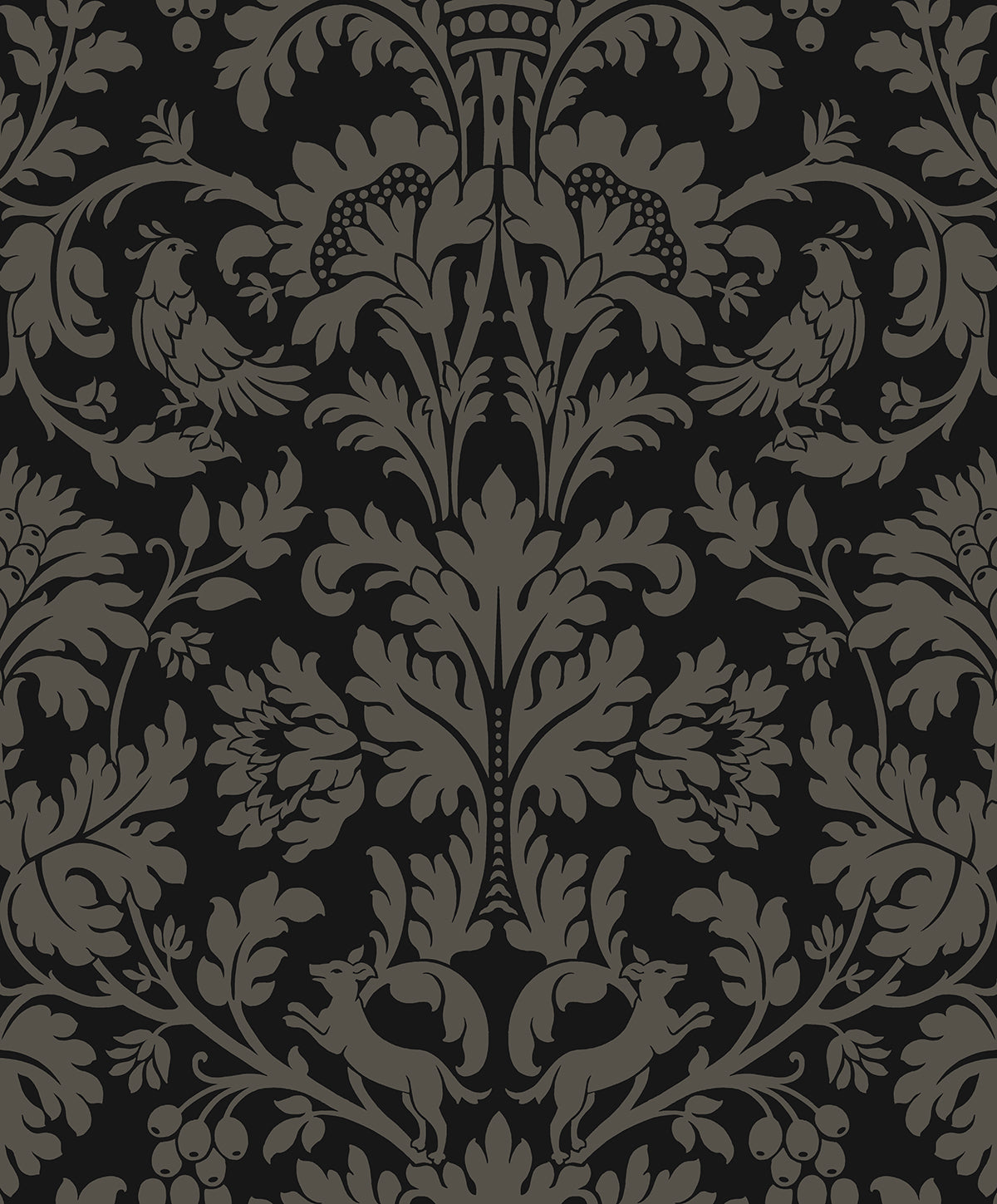 Ansel Damask peel and stick wallpaper in ebony black with pavestone gray vintage damask motif
