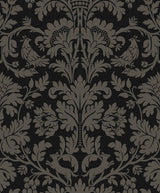 Ansel Damask peel and stick wallpaper in ebony black with pavestone gray vintage damask motif