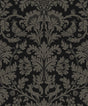 Ansel Damask peel and stick wallpaper in ebony black with pavestone gray vintage damask motif