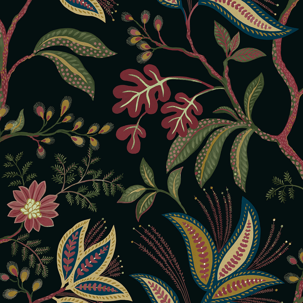 Forest Flourish botanical vine peel and stick wallpaper in ebony with multicolor leaves and flowers