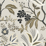 Forest Flourish botanical peel and stick wallpaper in neutral tones with stylized leaves and flowers