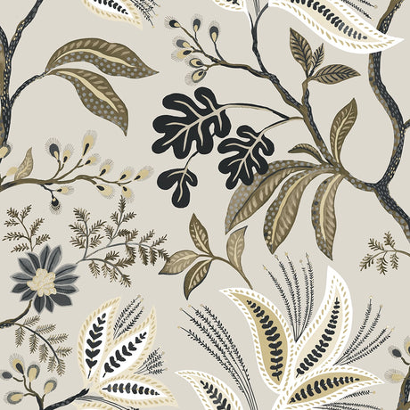 Forest Flourish botanical peel and stick wallpaper in neutral tones with stylized leaves and flowers