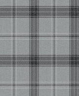 Manorvale Plaid greyscale peel and stick vinyl wallpaper with classic plaid pattern and matte finish.