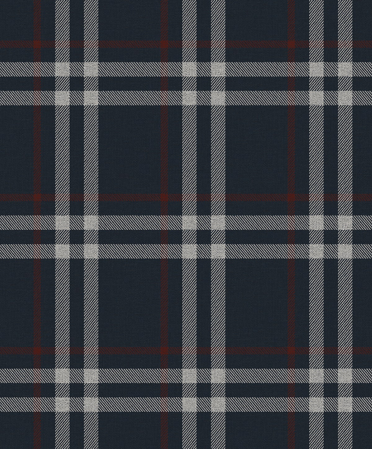 Calverlay Plaid peel and stick wallpaper pattern in navy blue with white/gray lines and red accents