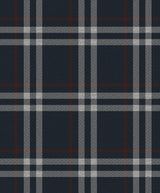 Calverlay Plaid peel and stick wallpaper pattern in navy blue with white/gray lines and red accents