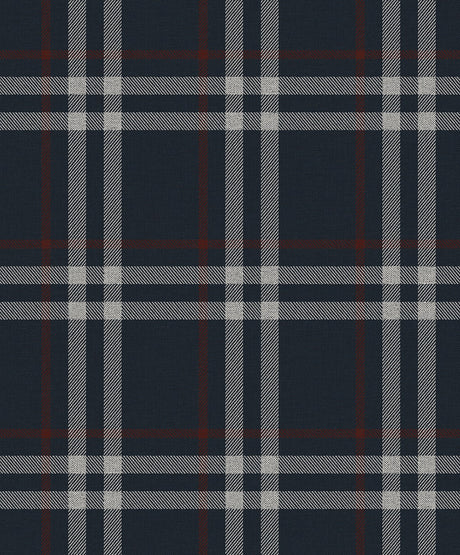 Calverlay Plaid peel and stick wallpaper pattern in navy blue with white/gray lines and red accents