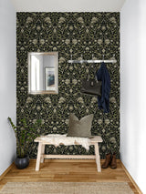 Vintage Bird Ogee Ebony & Rosemary by NextWall Peel & Stick Botanical Bird Ogee Peel & Stick Wallpaper – NextWall NWS058300
