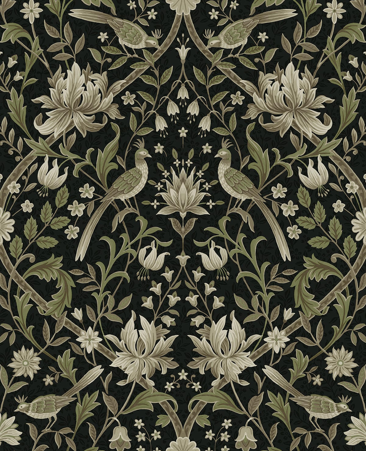 Vintage Bird Ogee peel and stick wallpaper in ebony and rosemary with birds and floral ogee pattern