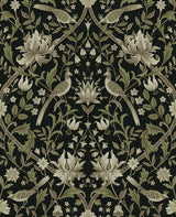 Vintage Bird Ogee peel and stick wallpaper in Ebony & Rosemary with birds and botanical florals