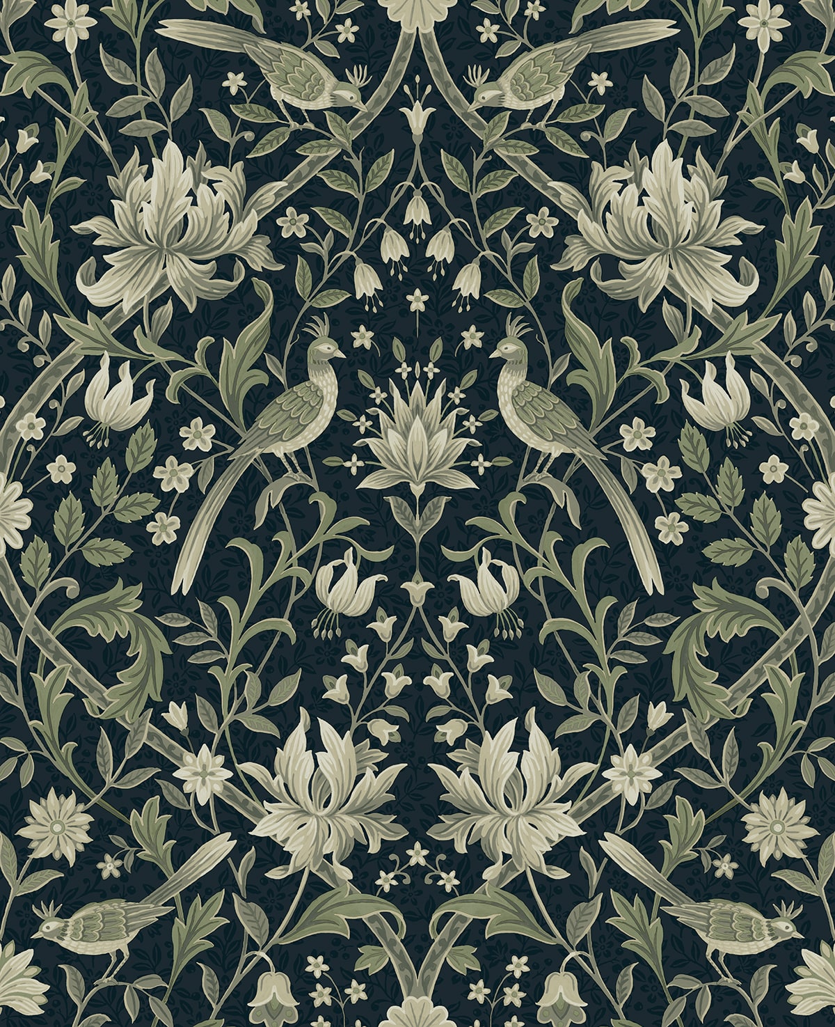 Vintage Bird Ogee peel and stick wallpaper in blue and sage with floral vines and birds