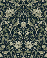Vintage Bird Ogee peel and stick wallpaper in blue and sage with floral vines and birds