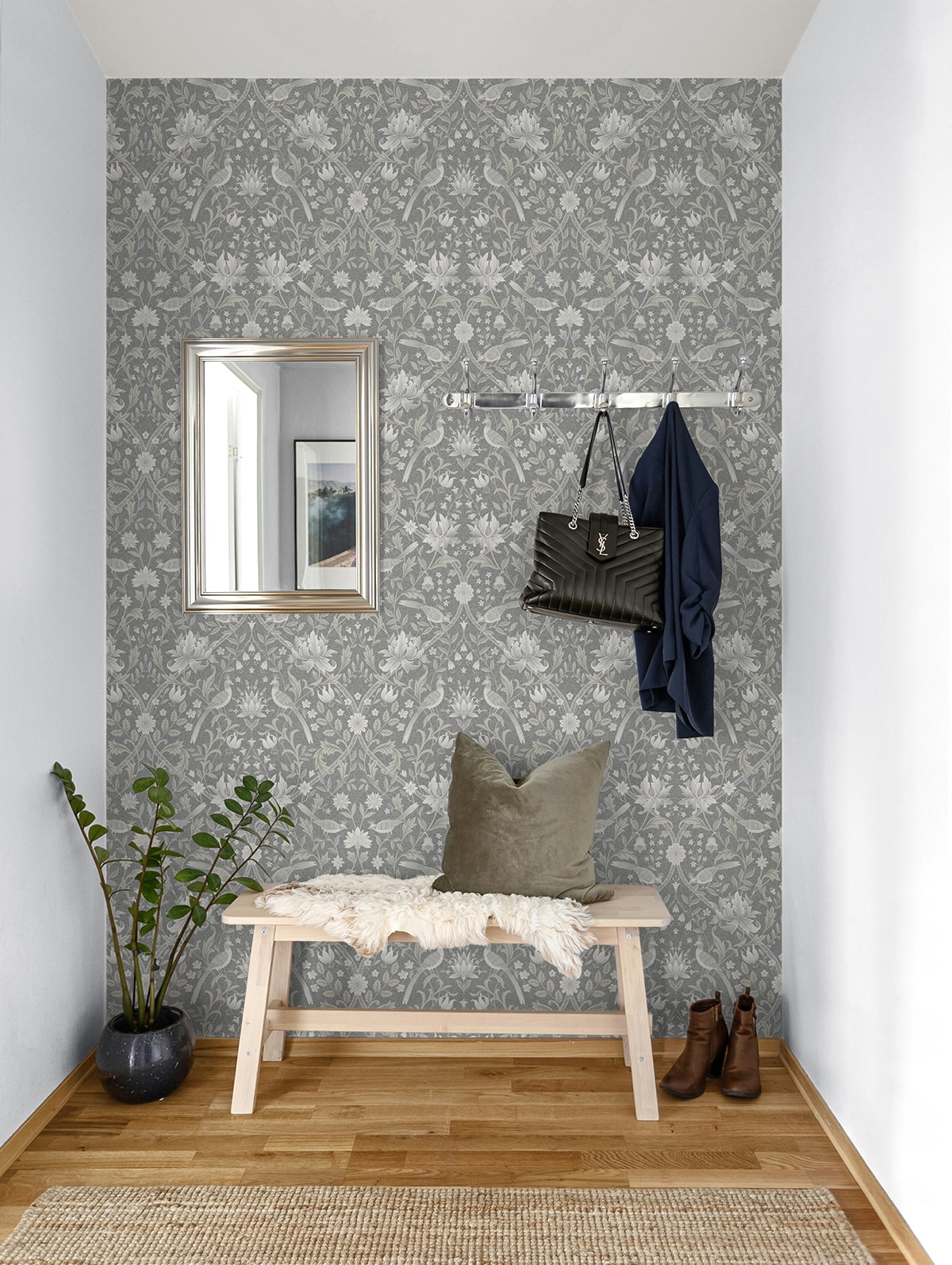 Vintage Bird Ogee Grey by NextWall Peel & Stick Peel & Stick Wallpaper – NextWall NW58308