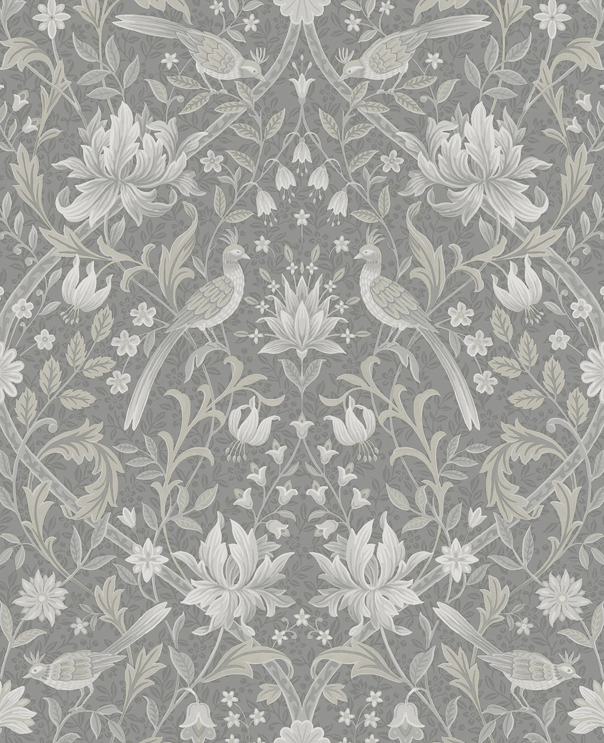 Vintage Bird Ogee peel and stick wallpaper in grey with birds and floral ogee motifs