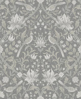 Vintage Bird Ogee peel and stick wallpaper in grey with birds and floral ogee motifs