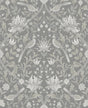 Vintage Bird Ogee peel and stick wallpaper in grey with birds and floral ogee motifs