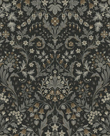 Filigree Floral peel and stick wallpaper in Charcoal & Pavestone with vintage botanical filigree motif