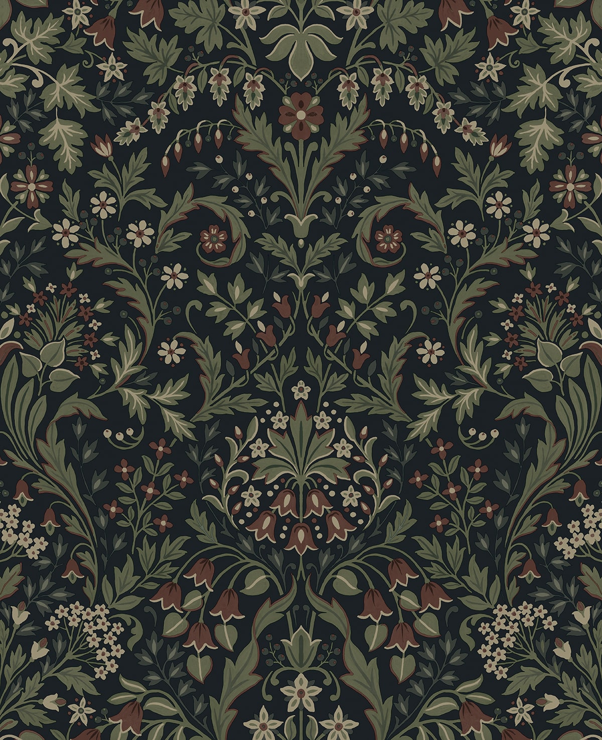 Filigree Floral peel and stick wallpaper in midnight blue and sage with vintage botanical motif
