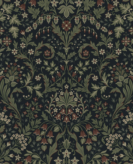 Filigree Floral peel and stick wallpaper pattern in midnight blue and sage