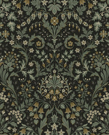 Filigree Floral peel and stick wallpaper in Ebony & Sage with vintage botanical vines and flowers