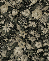 Vintage-style peel and stick wallpaper with cream florals and birds on a dark ebony background with pale fern foliage.
