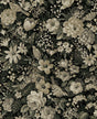 Vintage-style peel and stick wallpaper with cream florals and birds on a dark ebony background with pale fern foliage.