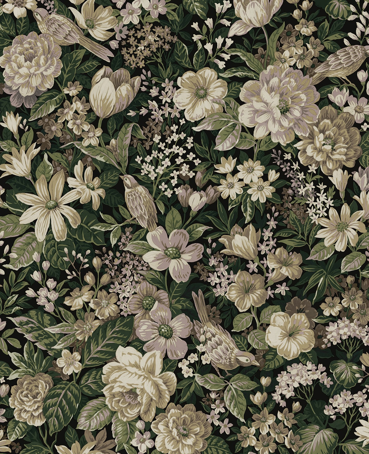 Vintage Bird Garden peel and stick wallpaper with dense florals and birds in green and mauve tones
