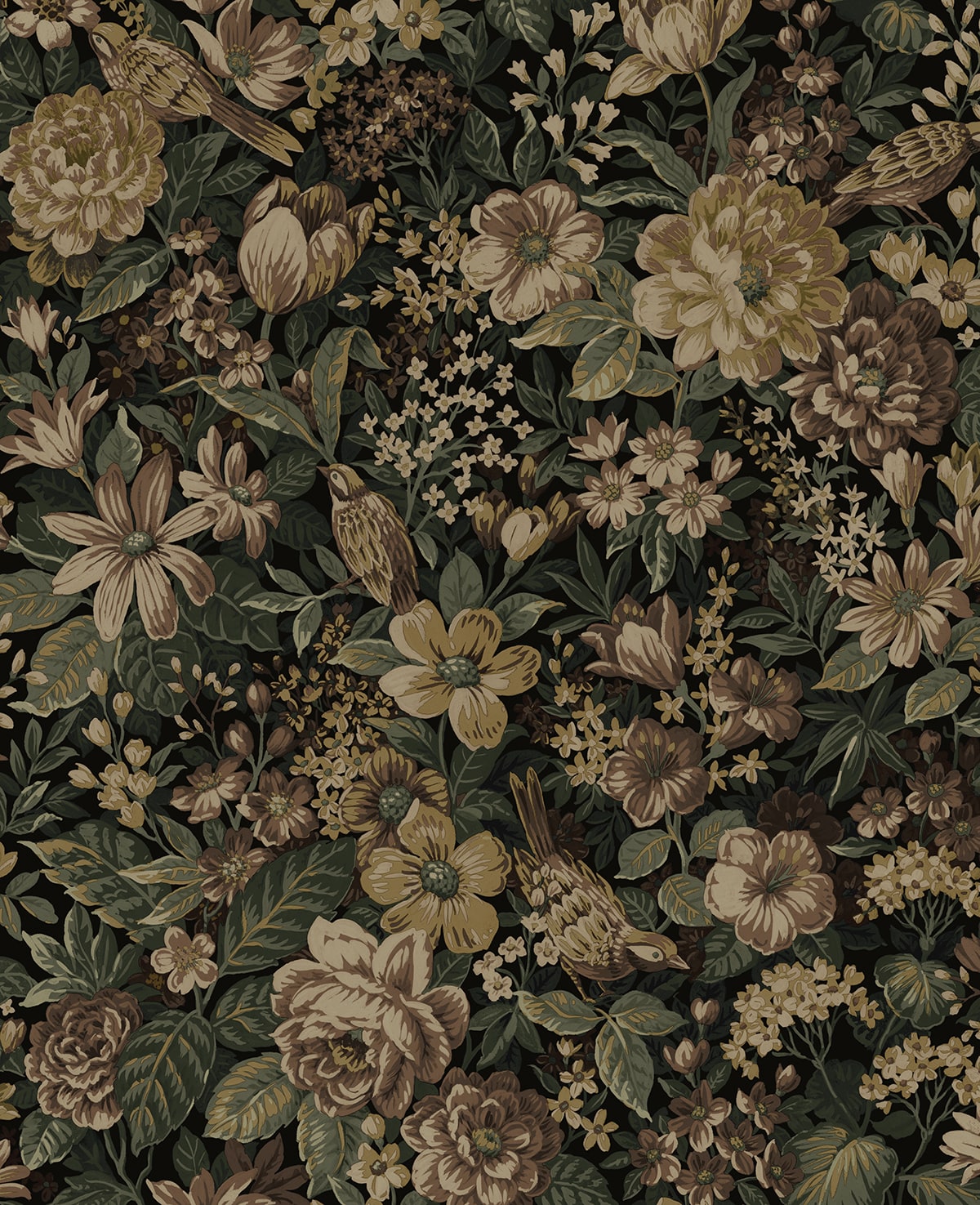 Vintage Bird Garden peel and stick wallpaper pattern with vintage floral botanicals and birds in spice and green ash tones.