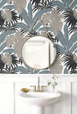 Laguna Leaf Bluestone & Grey by NextWall Peel & Stick Tropical Botanical Wallpaper- NextWall NW58708