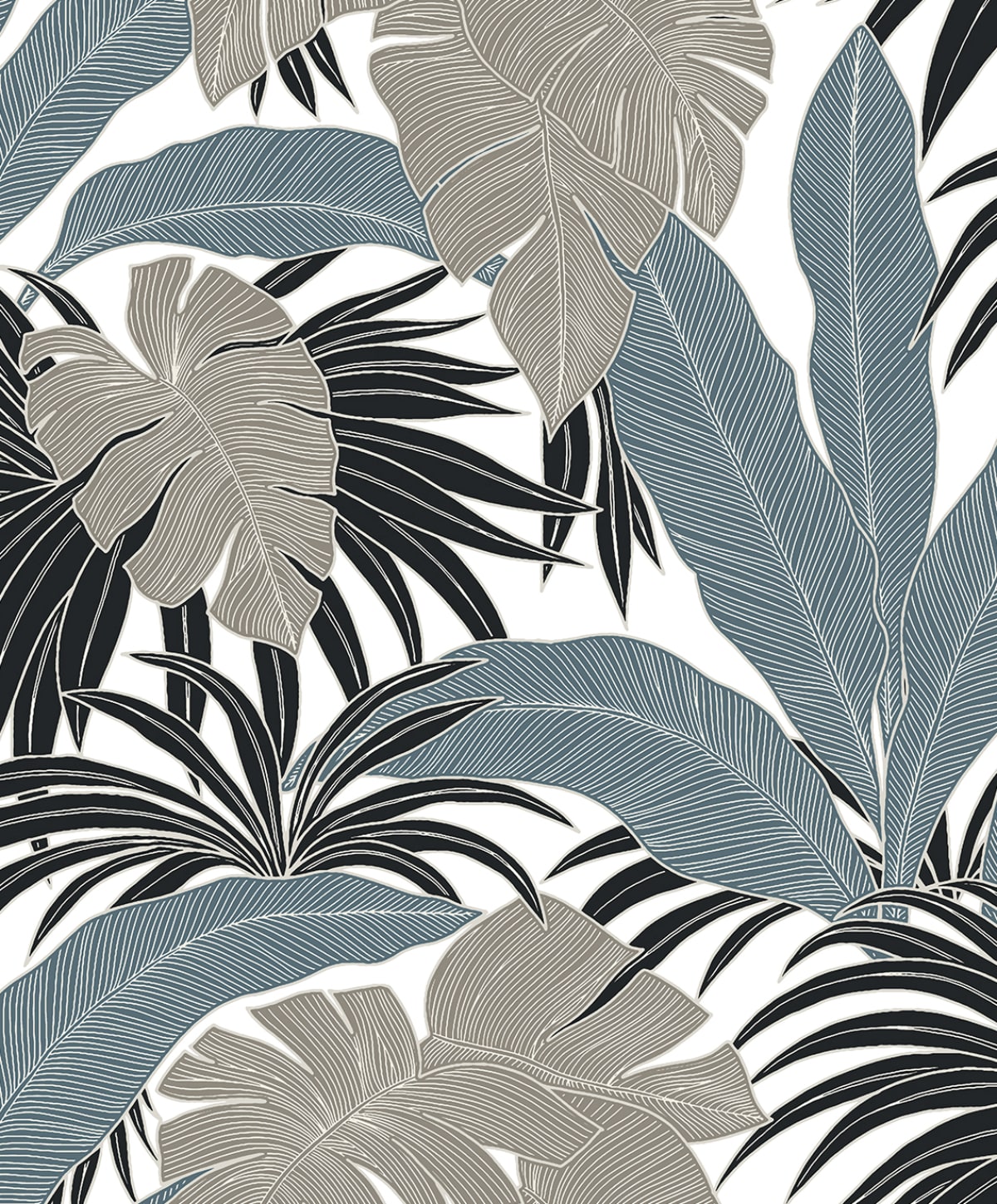 Laguna Leaf in Bluestone & Grey peel and stick vinyl wallpaper with large tropical leaves on a light background.