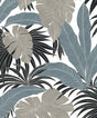 Laguna Leaf in Bluestone & Grey peel and stick vinyl wallpaper with large tropical leaves on a light background.