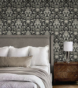 Acanthus Ogee Ebony & Cliffside by NextWall Peel & Stick Peel & Stick Wallpaper – NextWall NW59000-Sample