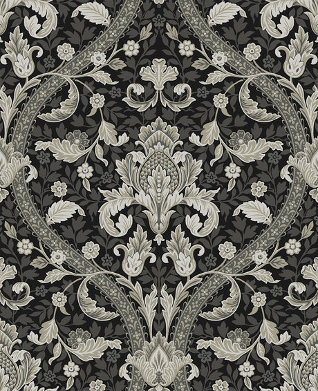 Acanthus Ogee wallpaper in Ebony & Cliffside, vintage botanical ogee pattern close-up