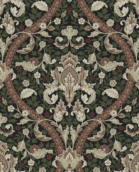 Acanthus Ogee peel and stick wallpaper in Ebony & Clay (vintage botanical ogee)