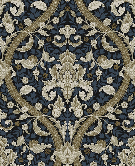 Acanthus Ogee peel and stick wallpaper in blue and natural with a vintage botanical ogee pattern.