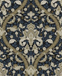 Acanthus Ogee peel and stick wallpaper in blue and natural with a vintage botanical ogee pattern.