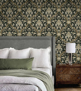Acanthus Ogee Ebony & Green by NextWall Peel & Stick Vintage Botanical Ogee Wallpaper – NextWall NW59004