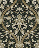 Acanthus Ogee peel and stick wallpaper pattern in ebony black and green with vintage botanical ogee design