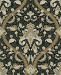 Acanthus Ogee peel and stick wallpaper pattern in ebony black and green with vintage botanical ogee design