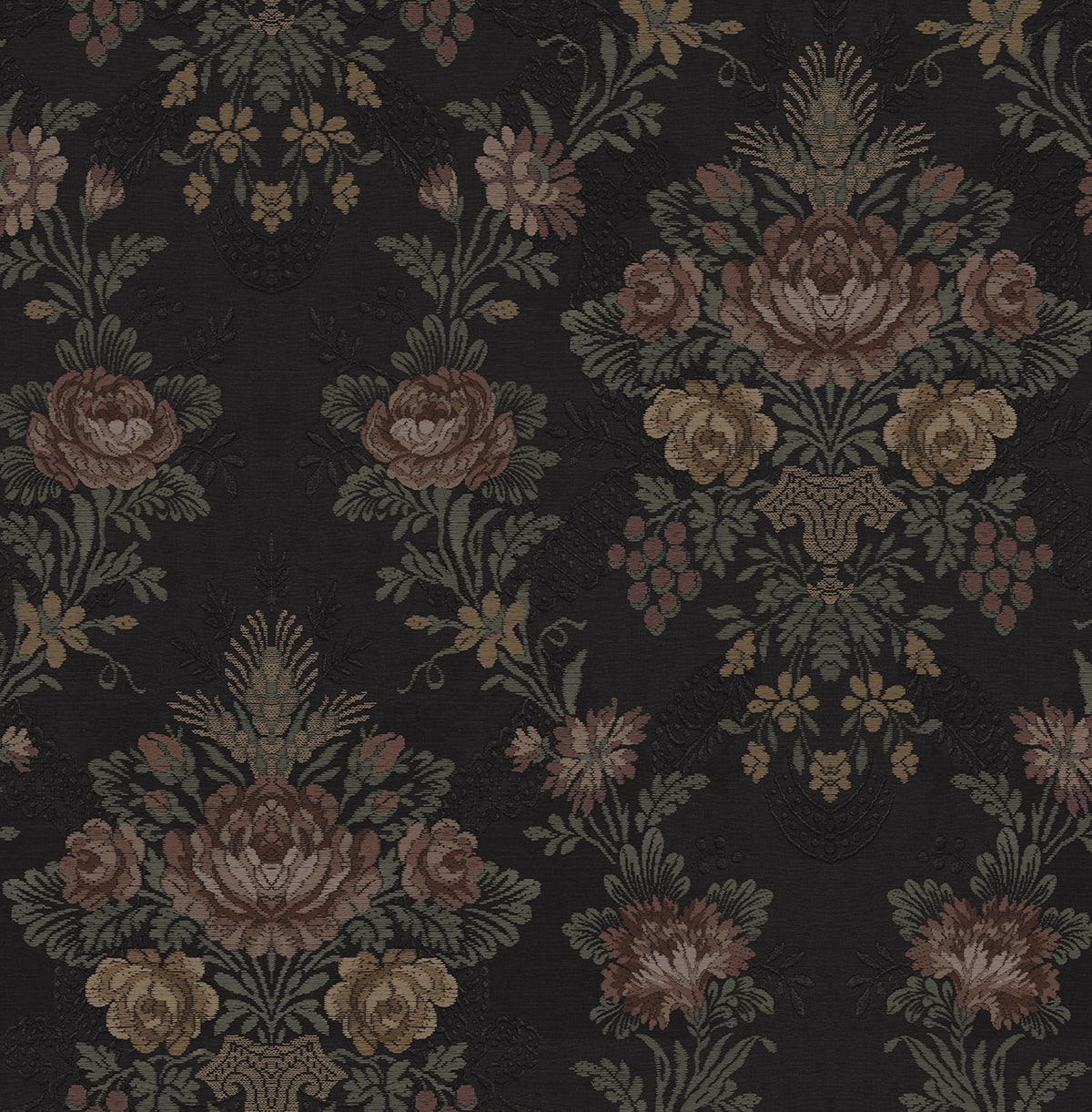 NextWall Hasset Tapestry Floral peel and stick wallpaper in Wrought Iron with vintage floral tapestry motifs on a black ground.