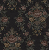 NextWall Hasset Tapestry Floral peel and stick wallpaper in Wrought Iron with vintage floral tapestry motifs on a black ground.