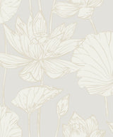 Lotus Garden Floral peel and stick wallpaper in pearl with large line-drawn lotus flowers and leaves.