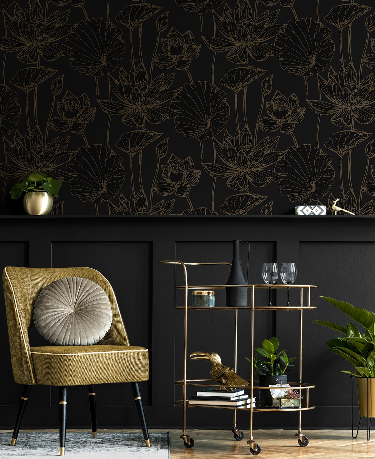 Lotus Garden Floral Wrought Iron & Gold by NextWall Peel & Stick Floral Wallpaper – NextWall NW59710