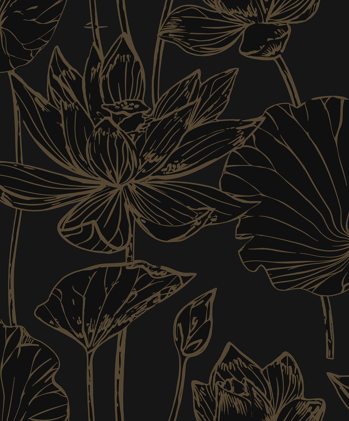 Lotus Garden Floral peel and stick wallpaper in black with metallic gold lotus outlines (Wrought Iron & Gold)