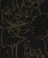 Lotus Garden Floral peel and stick wallpaper in black with metallic gold lotus outlines (Wrought Iron & Gold)
