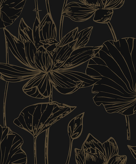 Lotus Garden Floral peel and stick wallpaper in black with metallic gold lotus outlines (Wrought Iron & Gold)