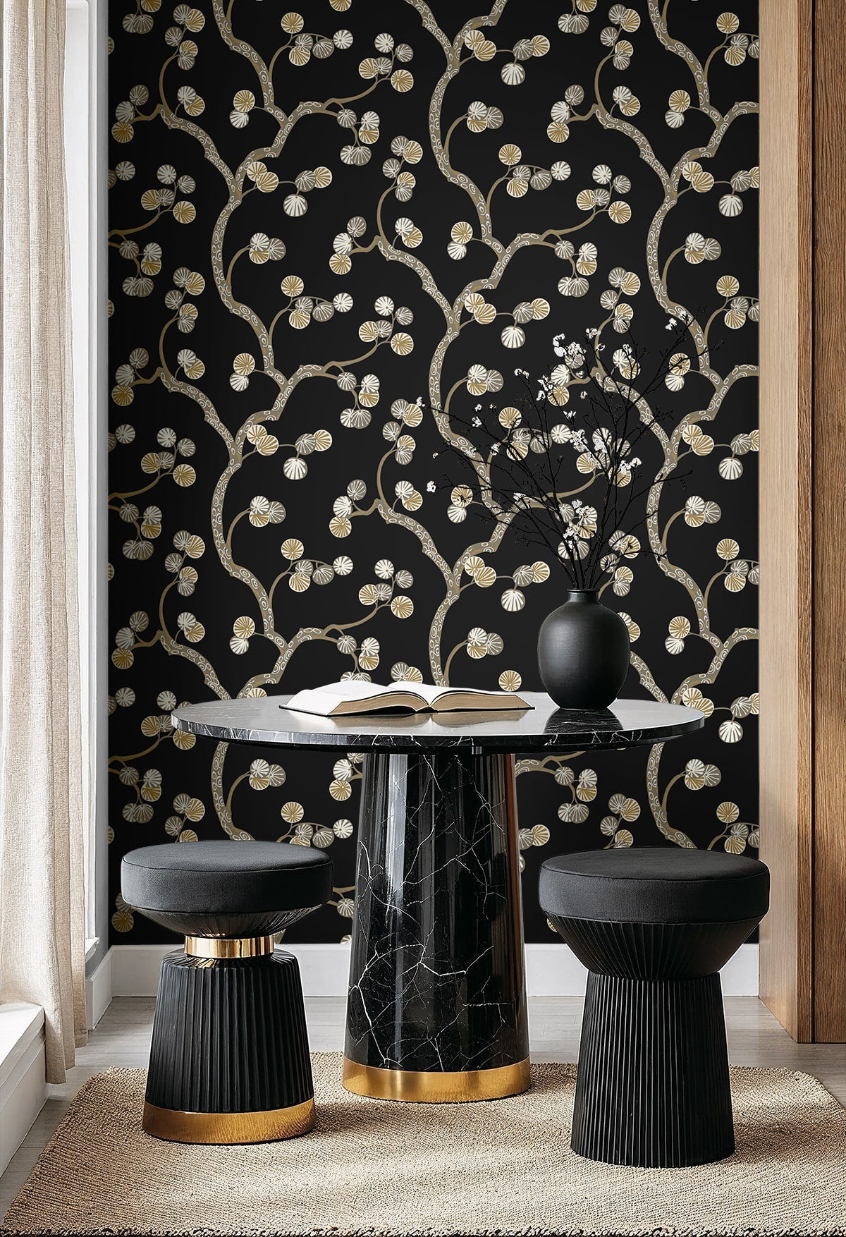 Woodland Whimsy Ebony & Gold by NextWall Peel & Stick Metallic Floral Wallpaper – NextWall NW59810