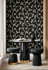 Woodland Whimsy Ebony & Gold by NextWall Peel & Stick Metallic Floral Wallpaper – NextWall NW59810