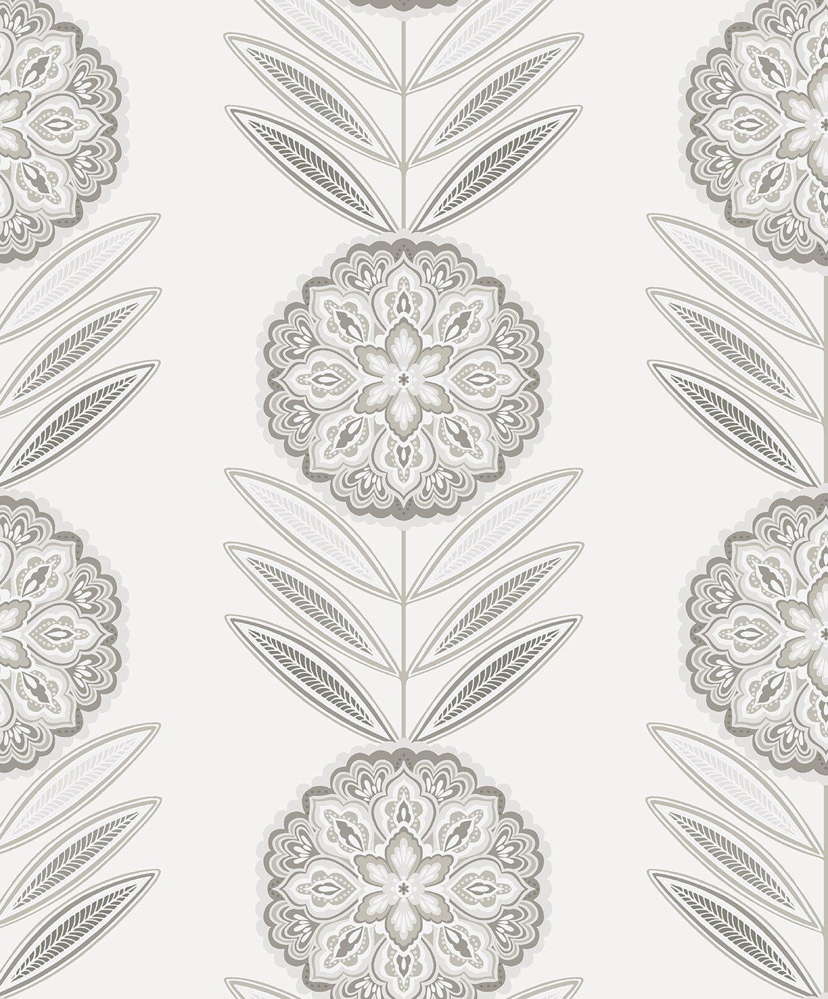Folk Flowers “Morning Fog” peel and stick floral wallpaper in soft grey on an off-white ground.